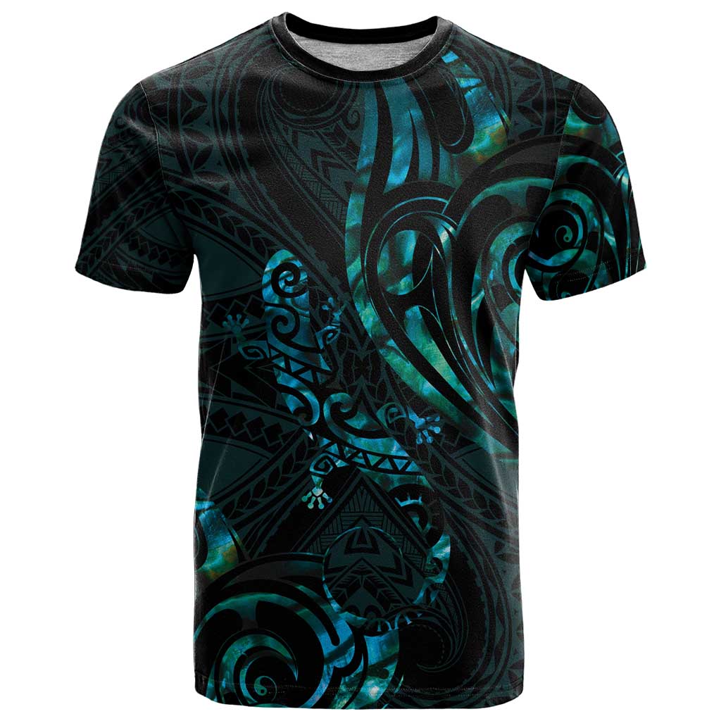 New Zealand Skink T Shirt Aotearoa Maori Mix Paua Shell