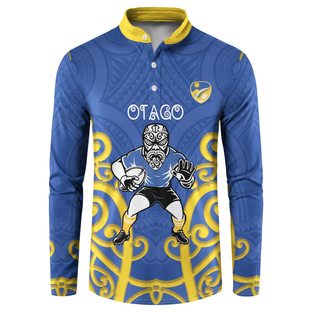 Otago Custom Rugby New Zealand Button Sweatshirt Aotearoa Maori Pukana Tiki Mascot