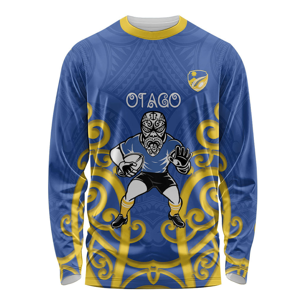 Otago Custom Rugby New Zealand Long Sleeve Shirt Aotearoa Maori Pukana Tiki Mascot LT14 Unisex Blue - Polynesian Pride