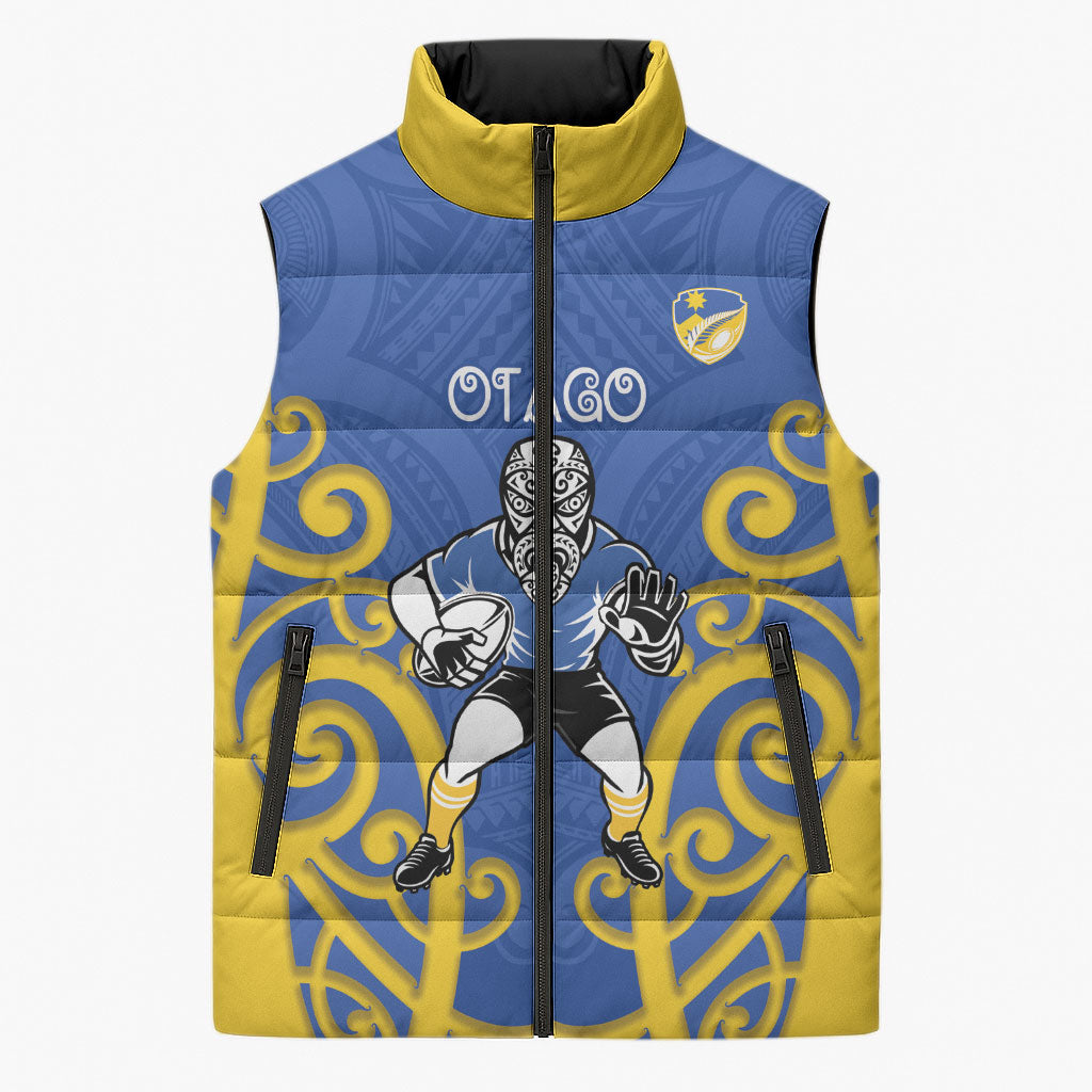 Otago Custom Rugby New Zealand Sleeveless Puffer Jacket Aotearoa Maori Pukana Tiki Mascot