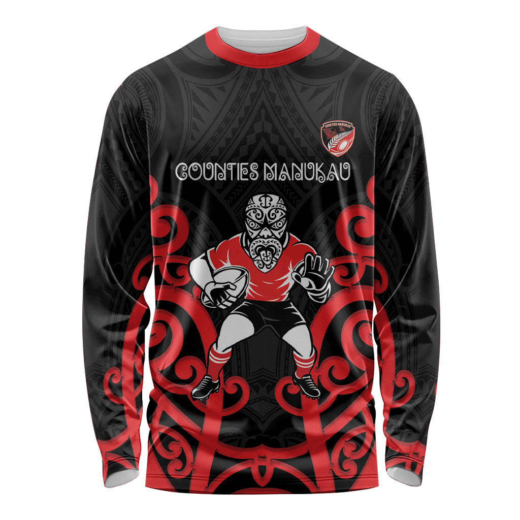 Counties Manukau Custom Rugby New Zealand Long Sleeve Shirt Aotearoa Maori Pukana Tiki Mascot LT14 Unisex Red - Polynesian Pride