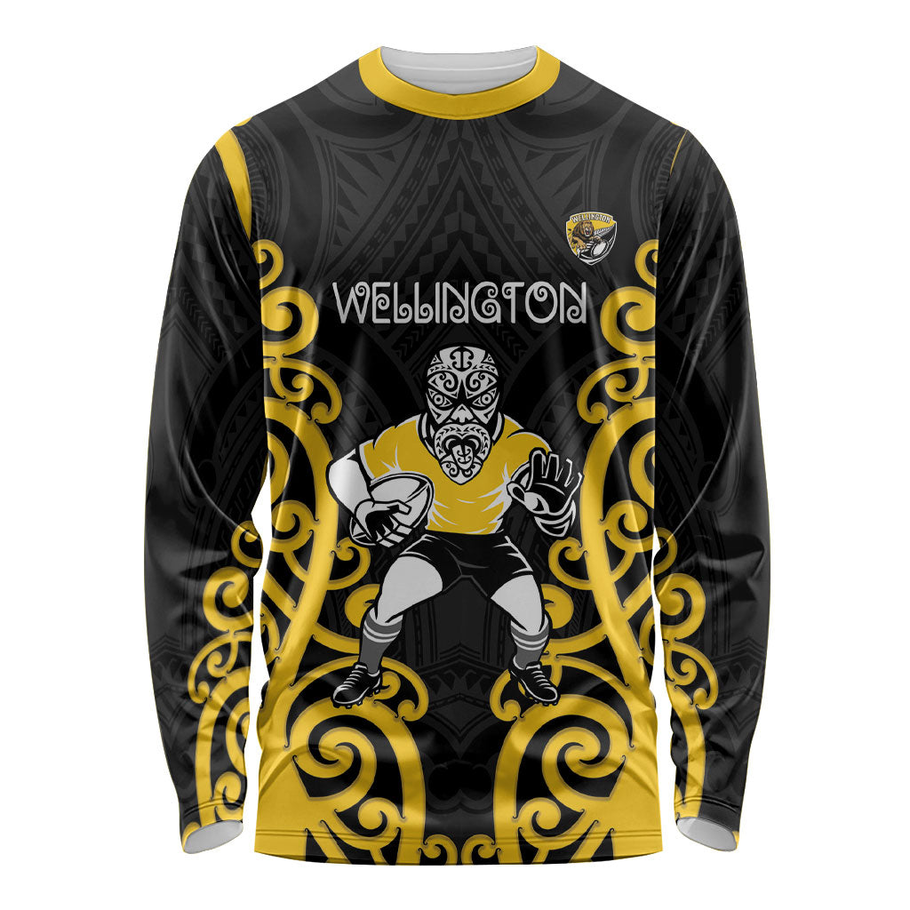 Wellington Custom Rugby New Zealand Long Sleeve Shirt Aotearoa Maori Pukana Tiki Mascot LT14 Unisex Yellow - Polynesian Pride