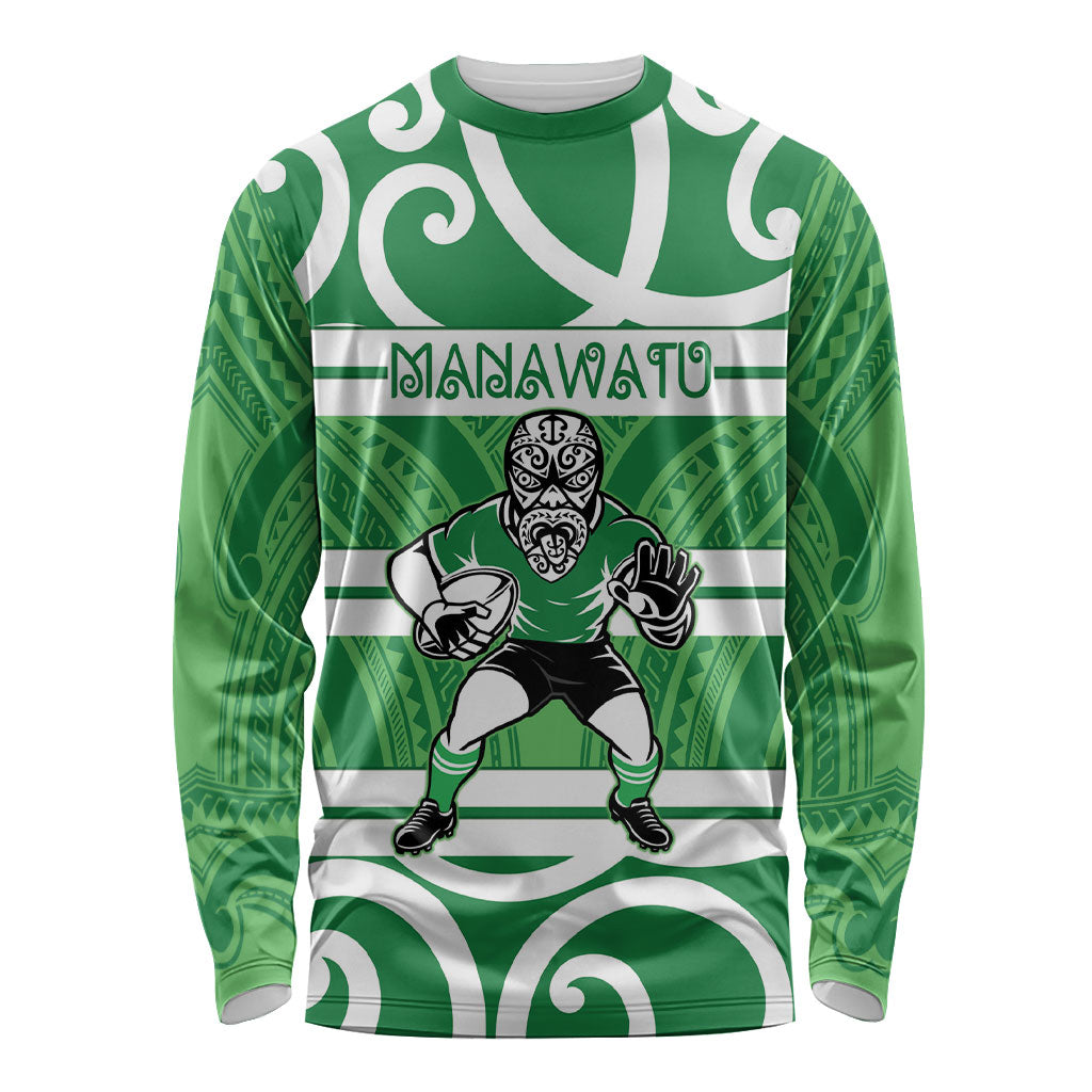 Manawatu Custom Rugby New Zealand Long Sleeve Shirt Aotearoa Maori Pukana Tiki Mascot LT14 Unisex Green - Polynesian Pride