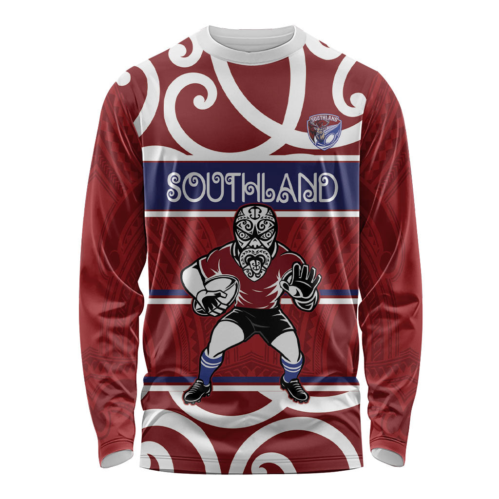 Southland Custom Rugby New Zealand Long Sleeve Shirt Aotearoa Maori Pukana Tiki Mascot LT14 Unisex Maroon - Polynesian Pride