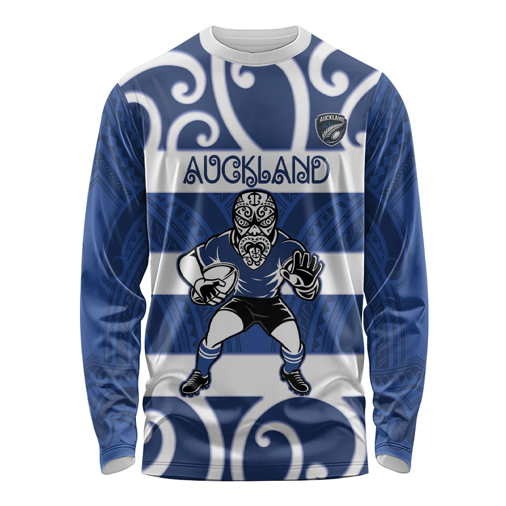 Auckland Custom Rugby New Zealand Long Sleeve Shirt Aotearoa Maori Pukana Tiki Mascot LT14 Unisex Blue - Polynesian Pride