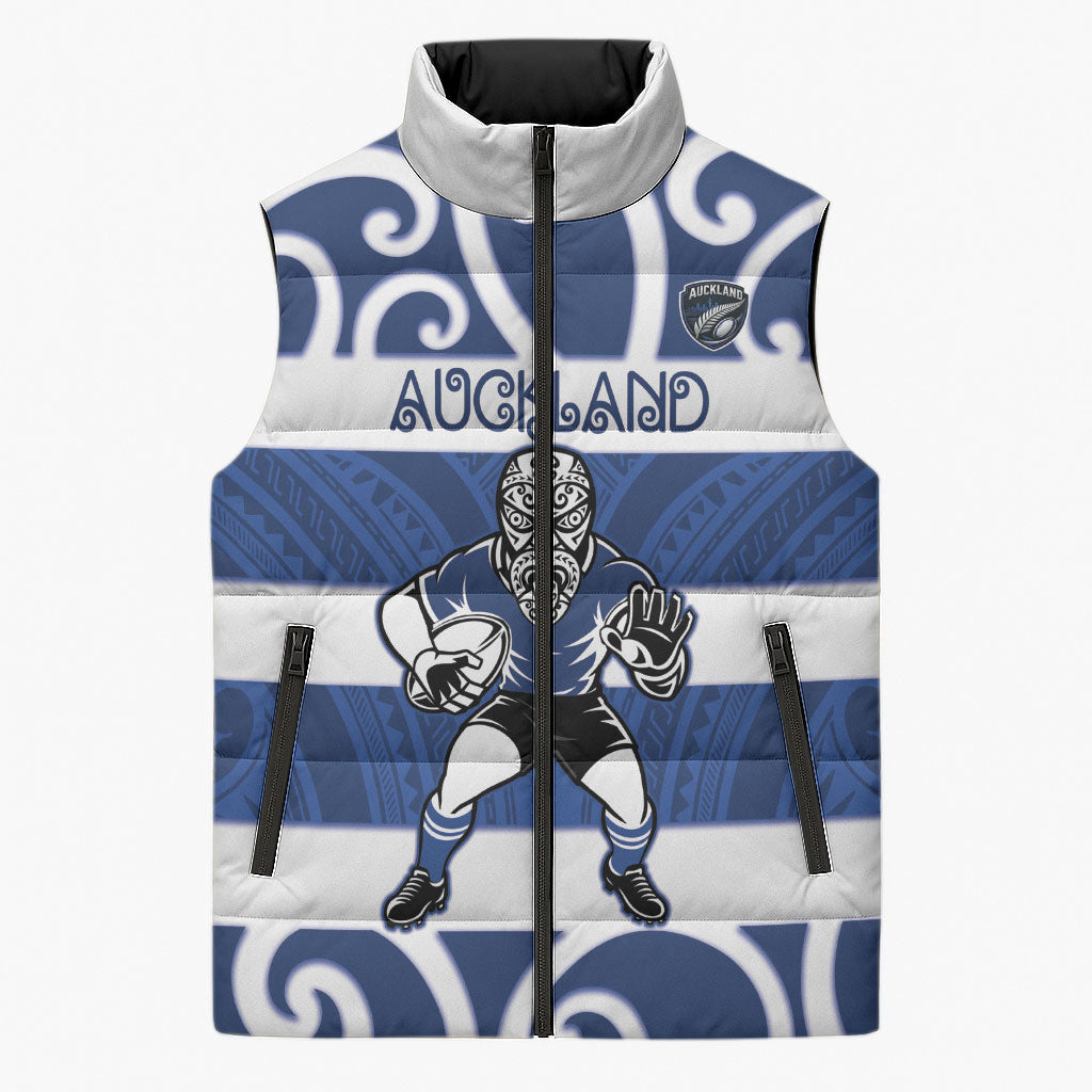 Auckland Custom Rugby New Zealand Sleeveless Puffer Jacket Aotearoa Maori Pukana Tiki Mascot