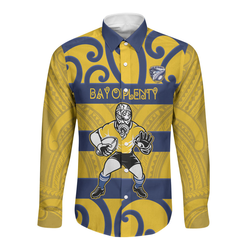 Bay of Plenty Custom Rugby New Zealand Long Sleeve Button Shirt Aotearoa Maori Pukana Tiki Mascot