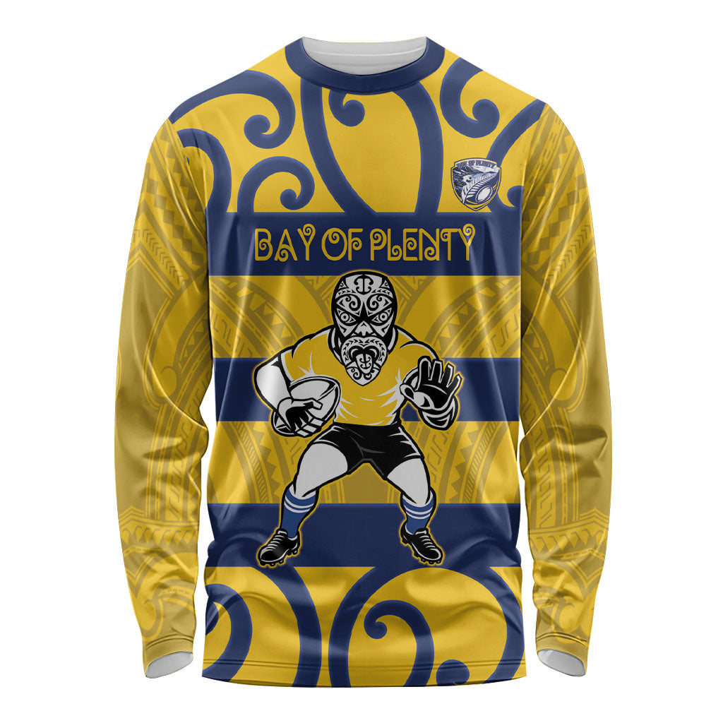 Bay of Plenty Custom Rugby New Zealand Long Sleeve Shirt Aotearoa Maori Pukana Tiki Mascot LT14 Unisex Yellow - Polynesian Pride