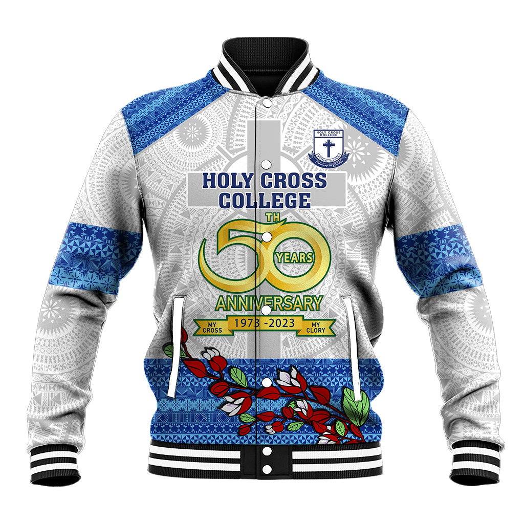 Fiji Holy Cross College Baseball Jacket Happy 50th Anniversary Fijian Tagimoucia Tapa Pattern LT14 Unisex White - Polynesian Pride