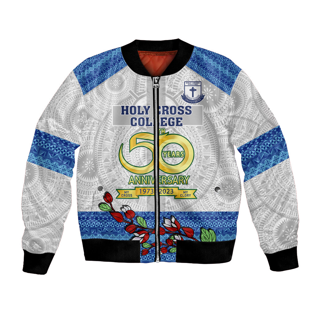 Fiji Holy Cross College Bomber Jacket Happy 50th Anniversary Fijian Tagimoucia Tapa Pattern LT14 Unisex White - Polynesian Pride