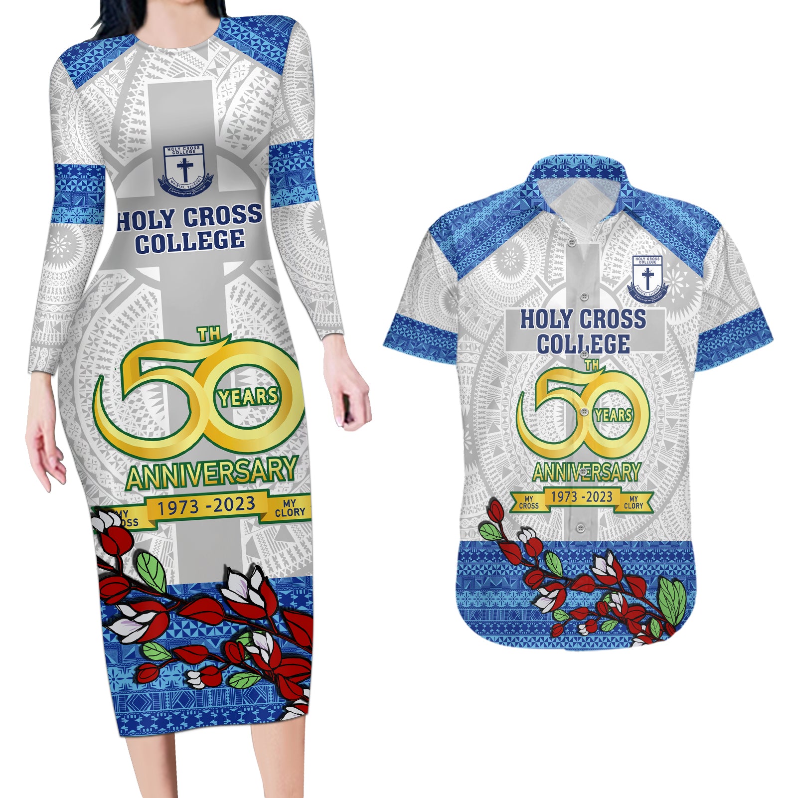 fiji-holy-cross-college-couples-matching-long-sleeve-bodycon-dress-and-hawaiian-shirt-happy-50th-anniversary-fijian-tagimoucia-tapa-pattern