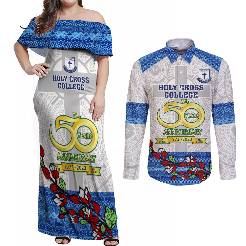 fiji-holy-cross-college-couples-matching-off-shoulder-maxi-dress-and-long-sleeve-button-shirts-happy-50th-anniversary-fijian-tagimoucia-tapa-pattern