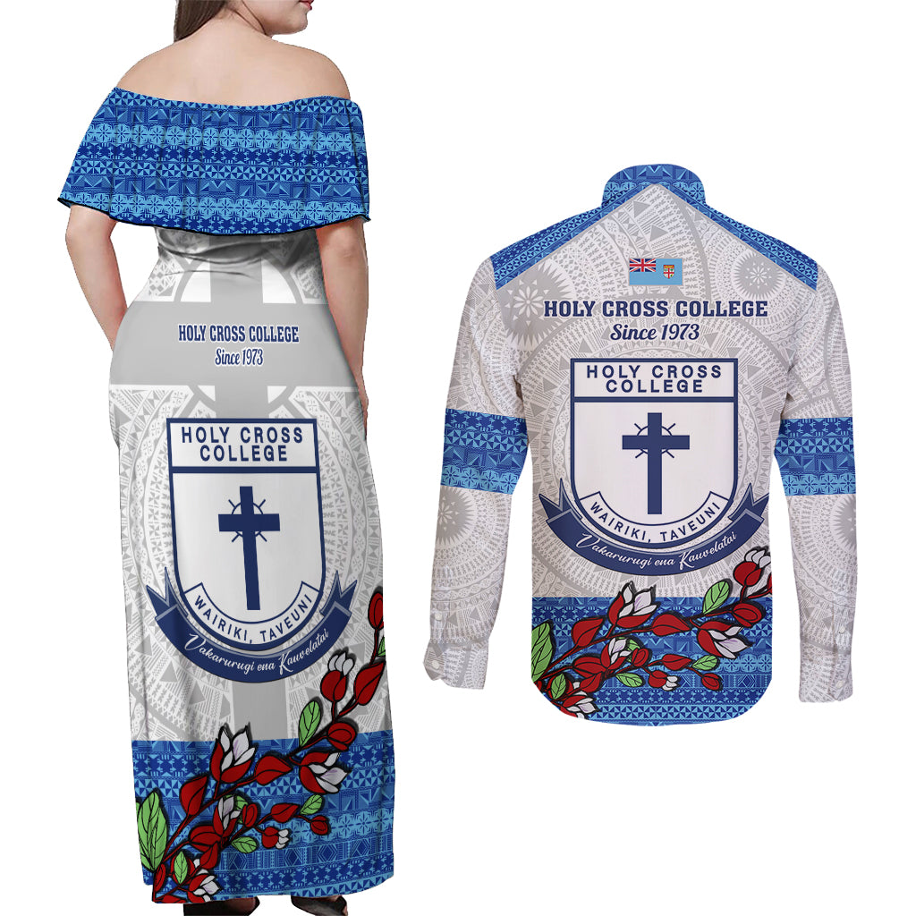 fiji-holy-cross-college-couples-matching-off-shoulder-maxi-dress-and-long-sleeve-button-shirts-happy-50th-anniversary-fijian-tagimoucia-tapa-pattern