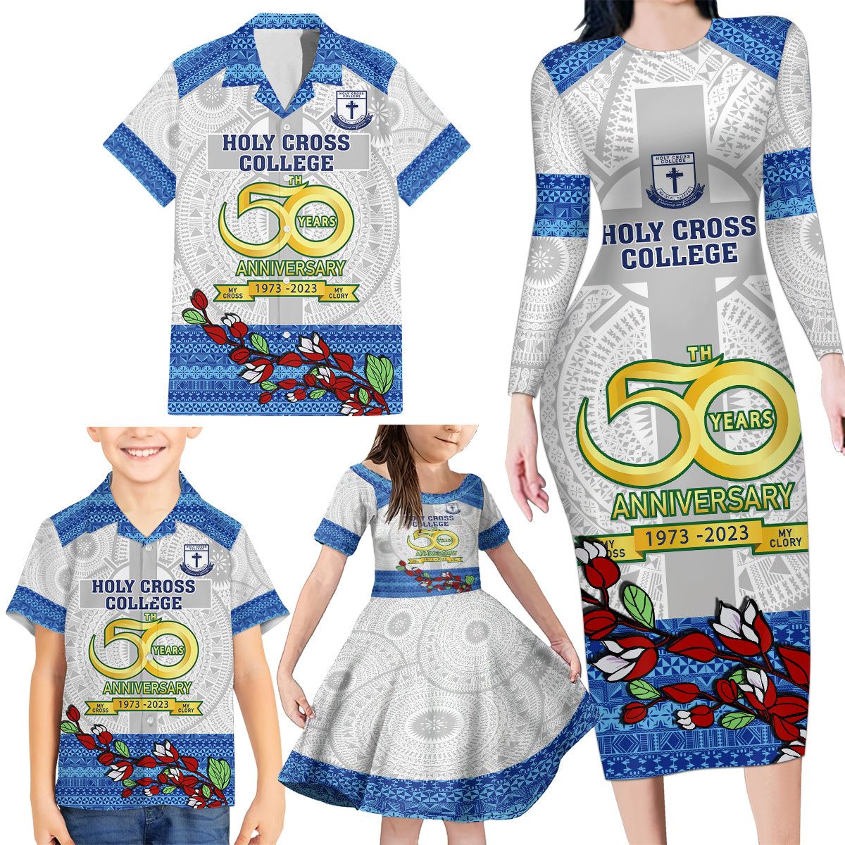 fiji-holy-cross-college-family-matching-long-sleeve-bodycon-dress-and-hawaiian-shirt-happy-50th-anniversary-fijian-tagimoucia-tapa-pattern