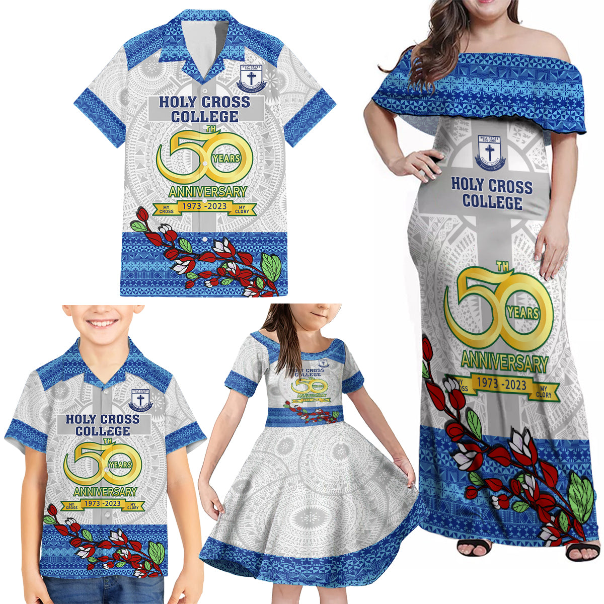 fiji-holy-cross-college-family-matching-off-shoulder-maxi-dress-and-hawaiian-shirt-happy-50th-anniversary-fijian-tagimoucia-tapa-pattern