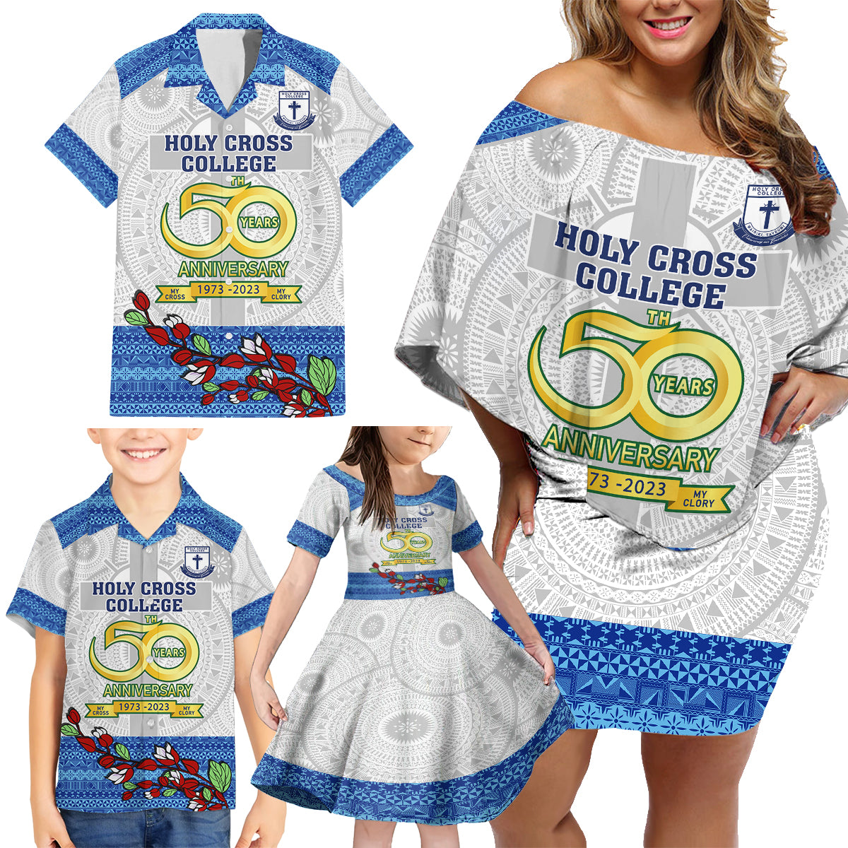 fiji-holy-cross-college-family-matching-off-shoulder-short-dress-and-hawaiian-shirt-happy-50th-anniversary-fijian-tagimoucia-tapa-pattern