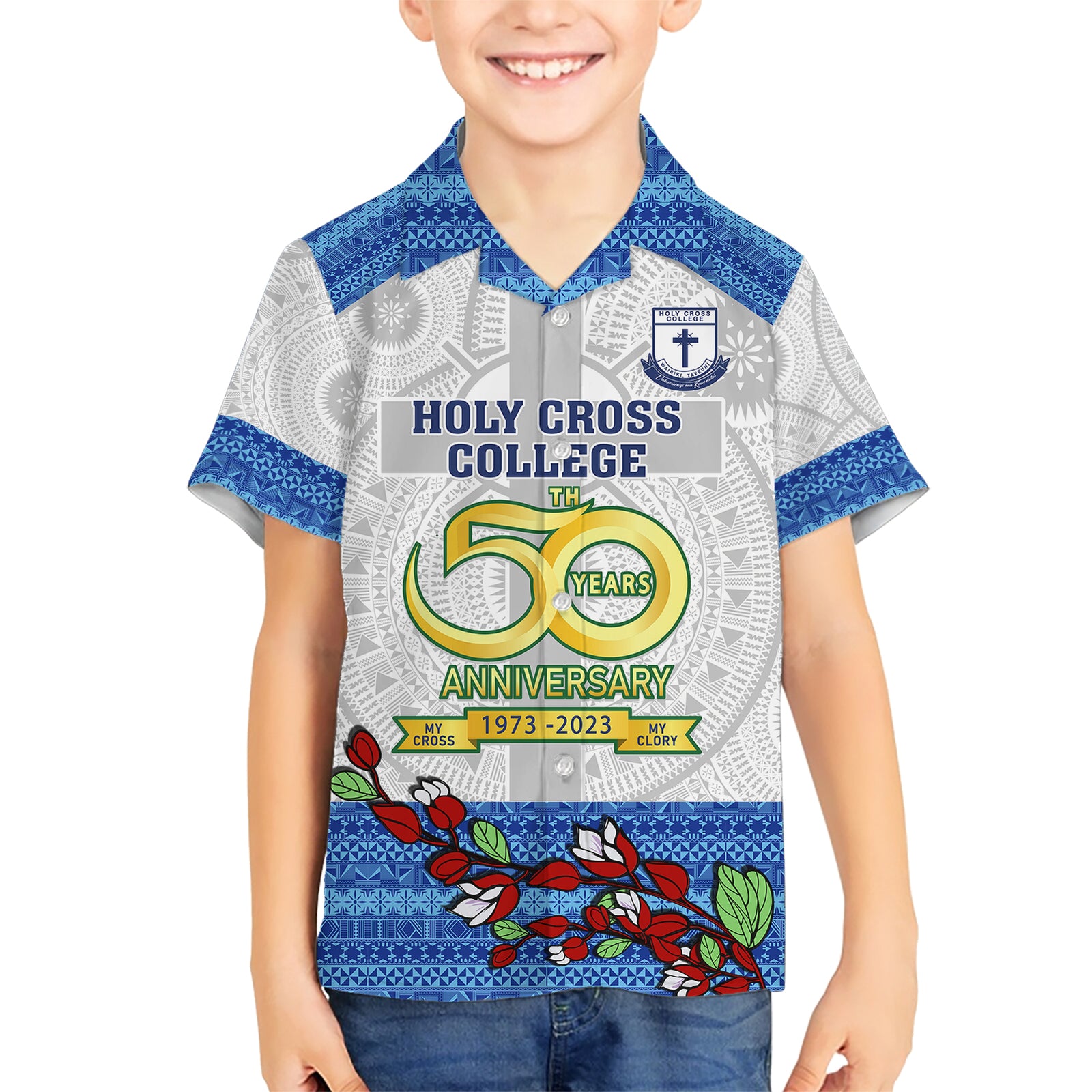 Fiji Holy Cross College Kid Hawaiian Shirt Happy 50th Anniversary Fijian Tagimoucia Tapa Pattern LT14 Kid White - Polynesian Pride