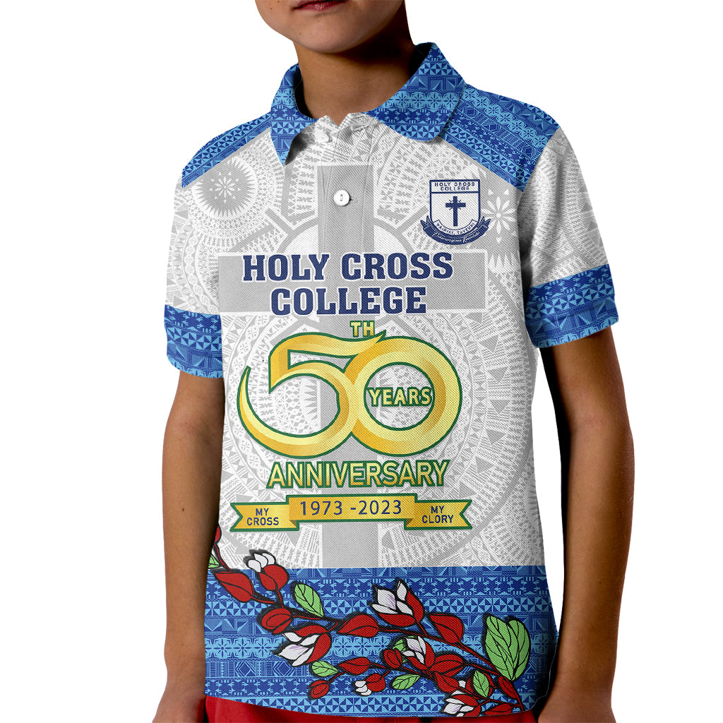 Fiji Holy Cross College Kid Polo Shirt Happy 50th Anniversary Fijian Tagimoucia Tapa Pattern LT14 Kid White - Polynesian Pride