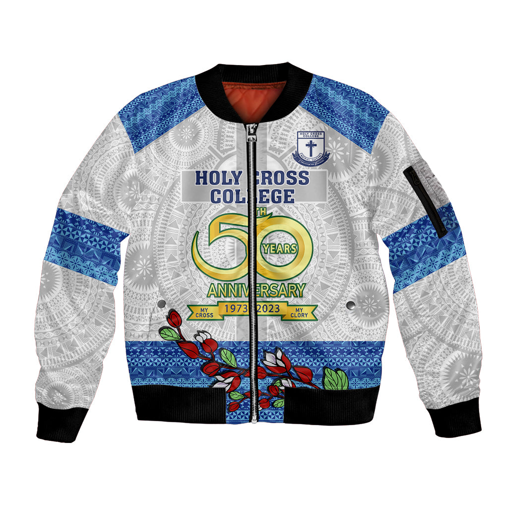Fiji Holy Cross College Sleeve Zip Bomber Jacket Happy 50th Anniversary Fijian Tagimoucia Tapa Pattern LT14 Unisex White - Polynesian Pride