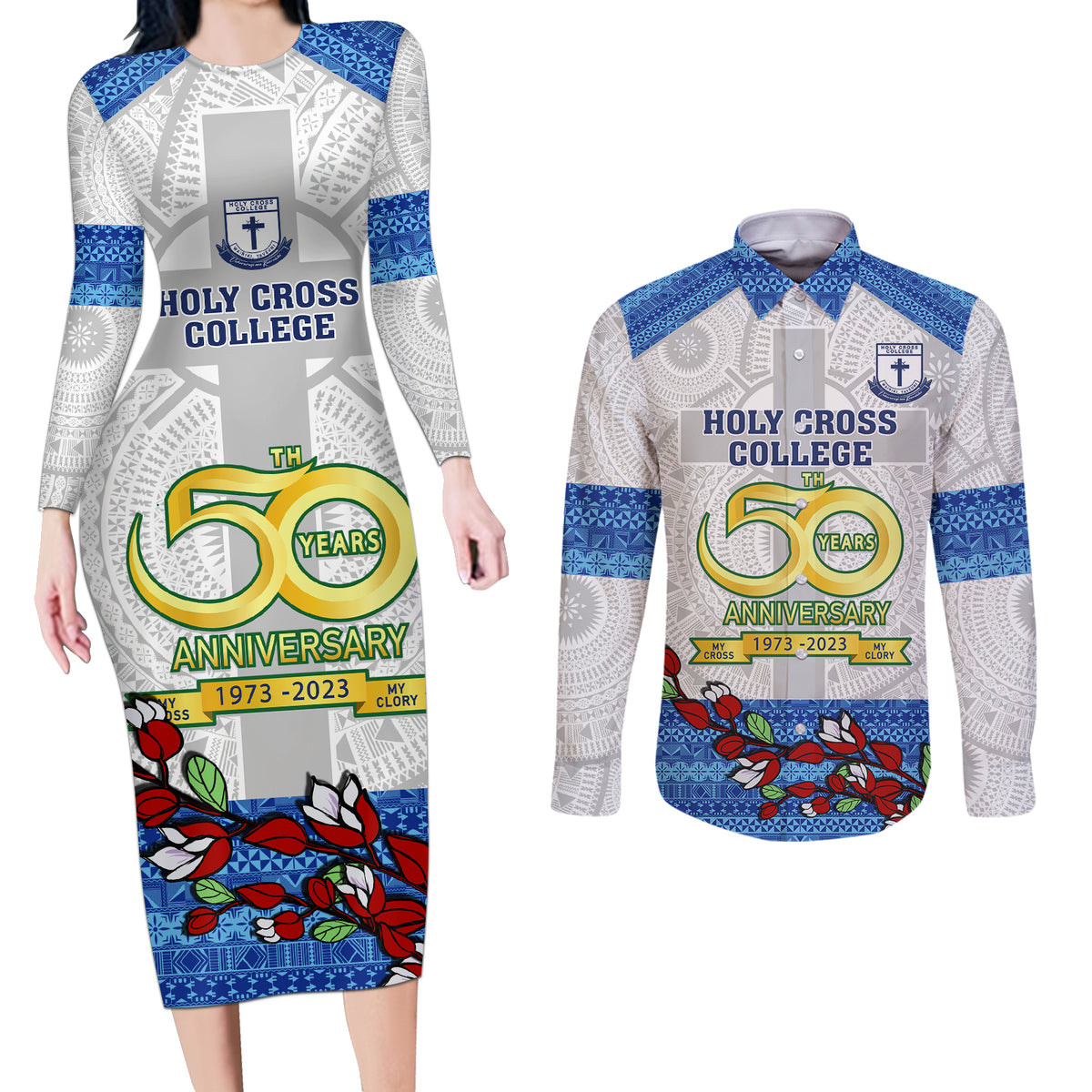 personalised-fiji-holy-cross-college-couples-matching-long-sleeve-bodycon-dress-and-long-sleeve-button-shirts-happy-50th-anniversary-fijian-tagimoucia-tapa-pattern