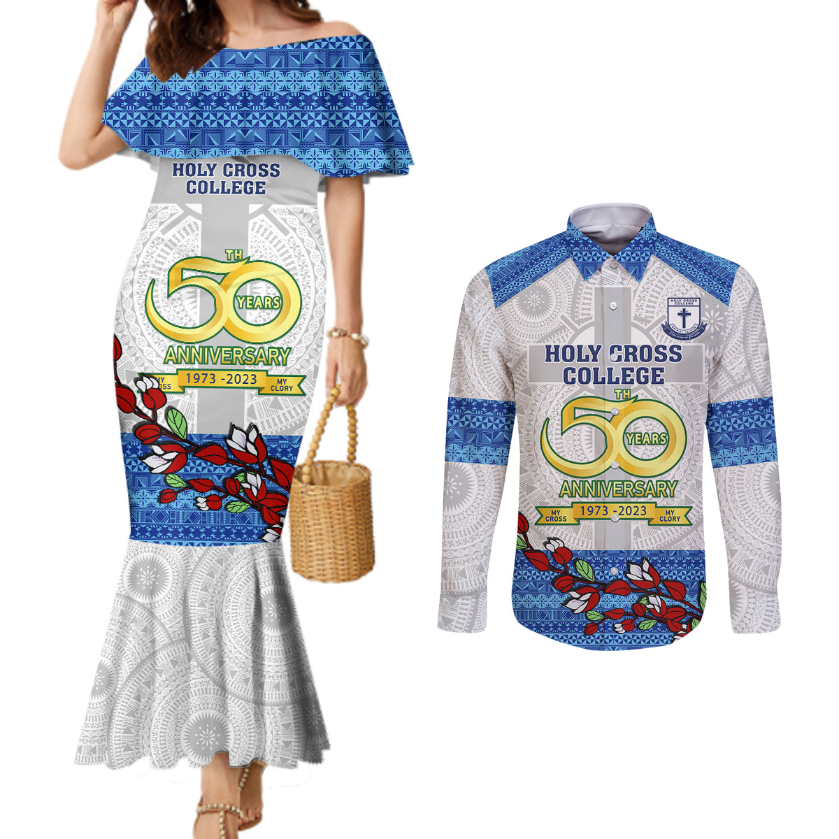 personalised-fiji-holy-cross-college-couples-matching-mermaid-dress-and-long-sleeve-button-shirts-happy-50th-anniversary-fijian-tagimoucia-tapa-pattern