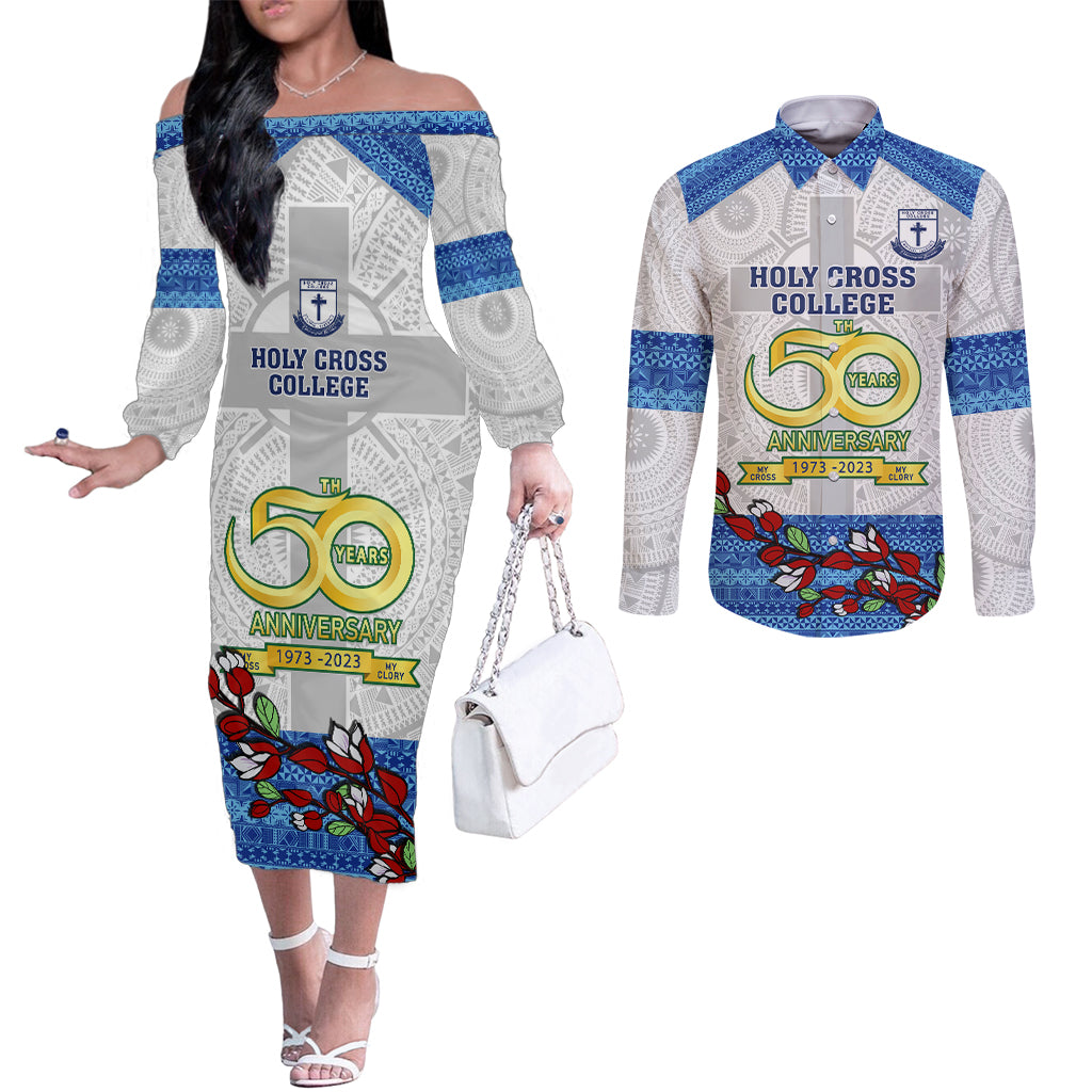 personalised-fiji-holy-cross-college-couples-matching-off-the-shoulder-long-sleeve-dress-and-long-sleeve-button-shirts-happy-50th-anniversary-fijian-tagimoucia-tapa-pattern