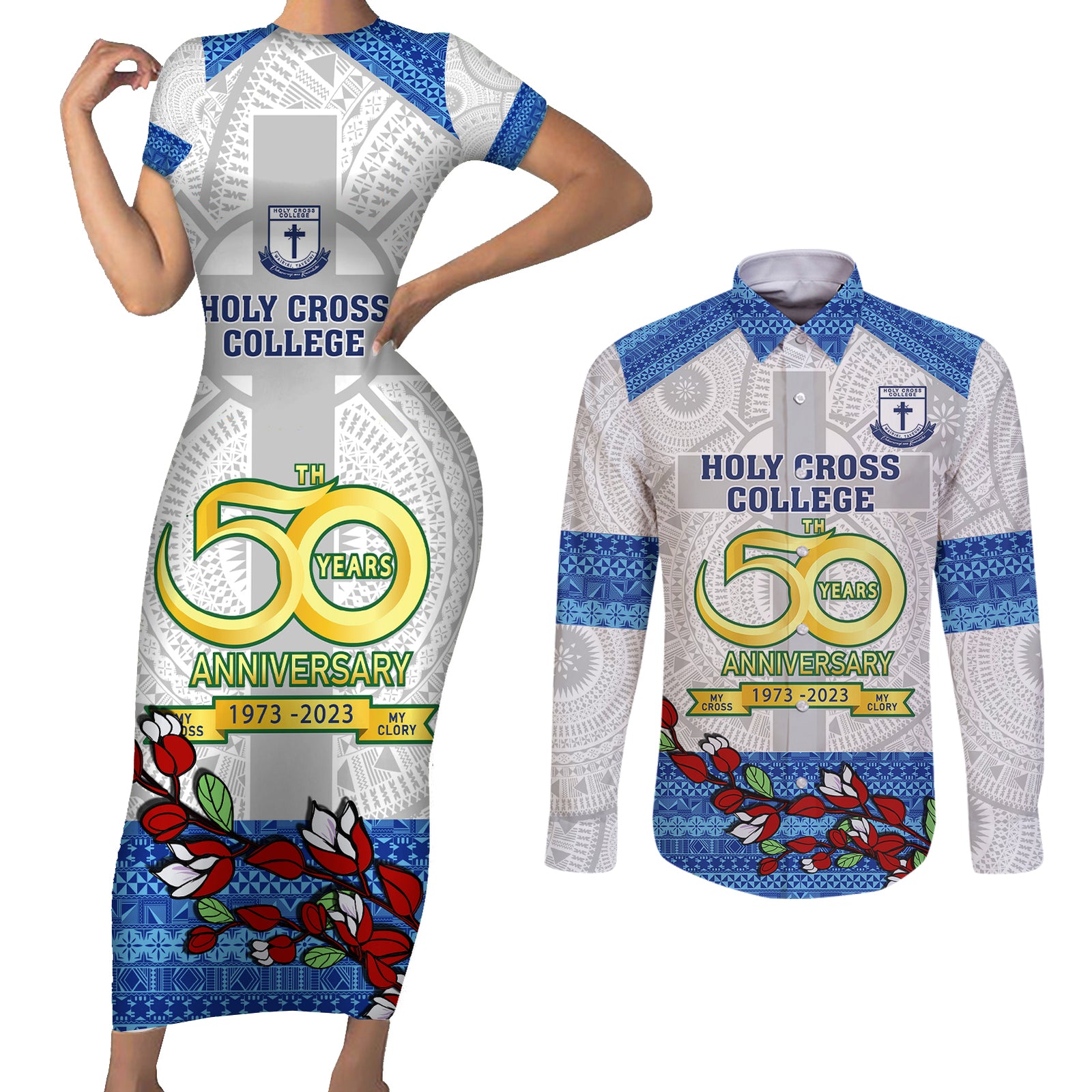 personalised-fiji-holy-cross-college-couples-matching-short-sleeve-bodycon-dress-and-long-sleeve-button-shirts-happy-50th-anniversary-fijian-tagimoucia-tapa-pattern