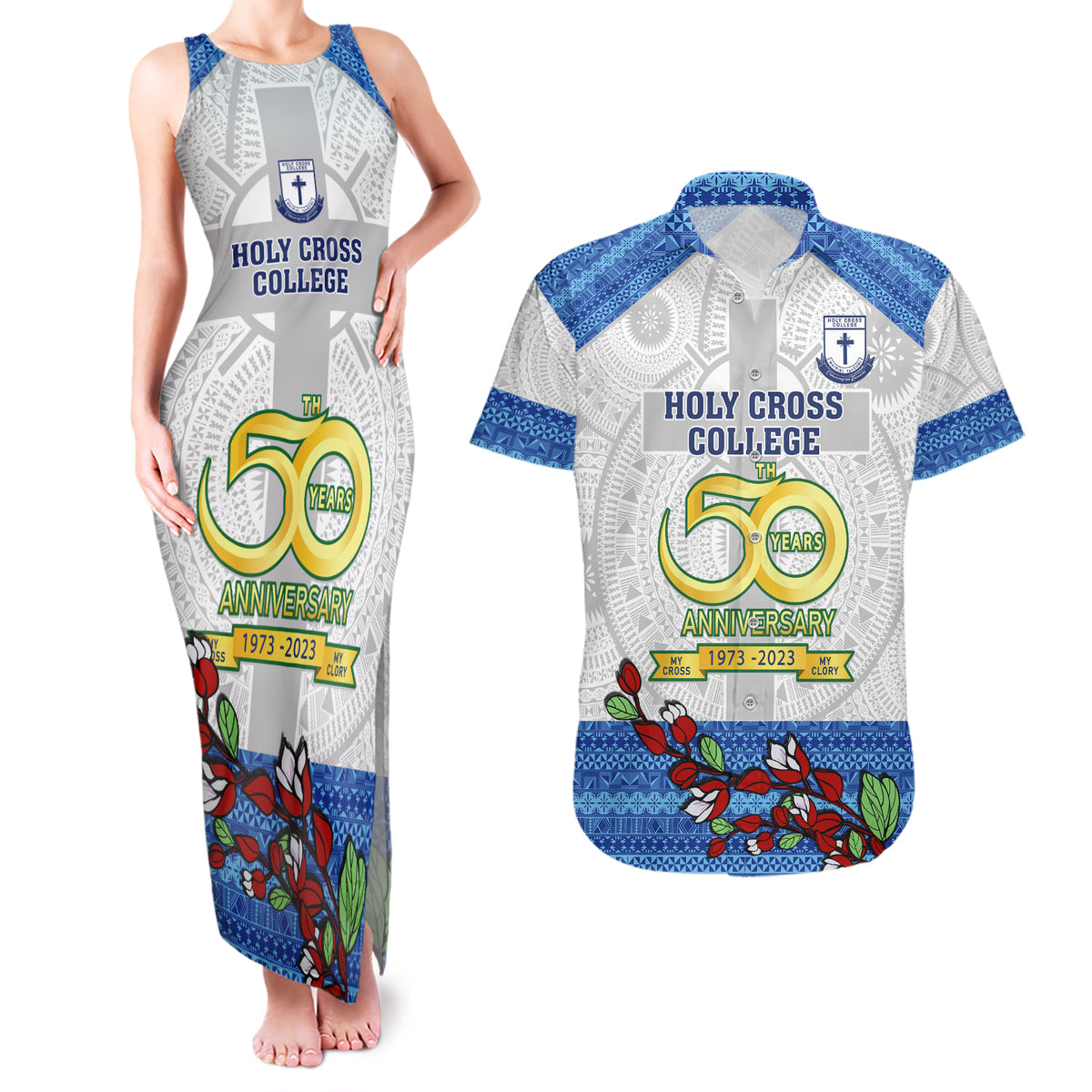 personalised-fiji-holy-cross-college-couples-matching-tank-maxi-dress-and-hawaiian-shirt-happy-50th-anniversary-fijian-tagimoucia-tapa-pattern
