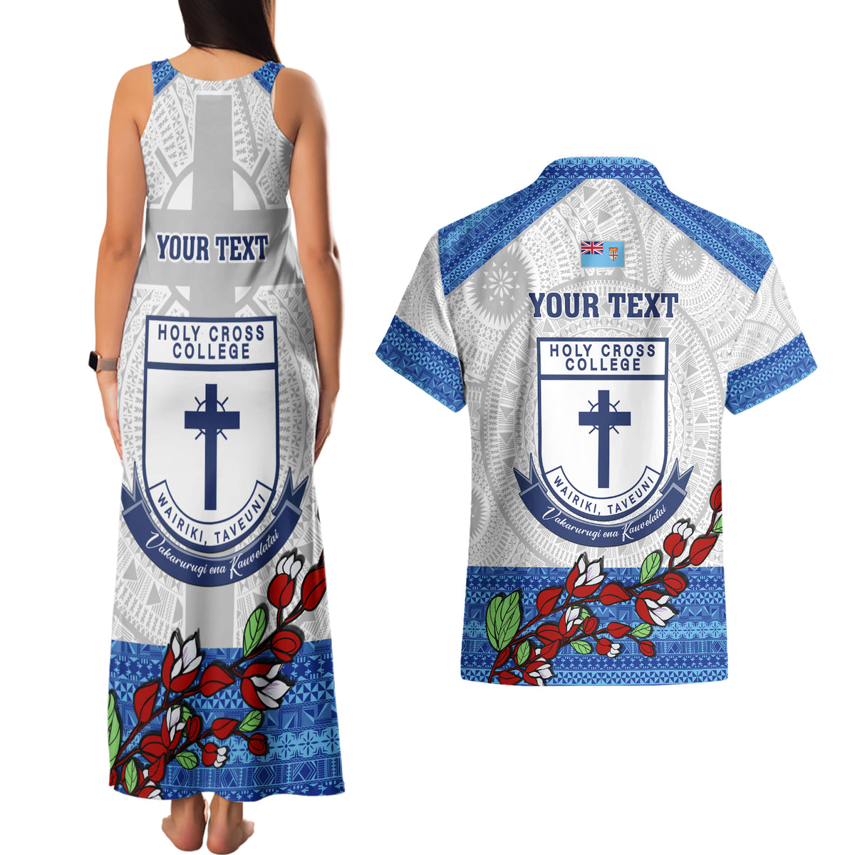 personalised-fiji-holy-cross-college-couples-matching-tank-maxi-dress-and-hawaiian-shirt-happy-50th-anniversary-fijian-tagimoucia-tapa-pattern