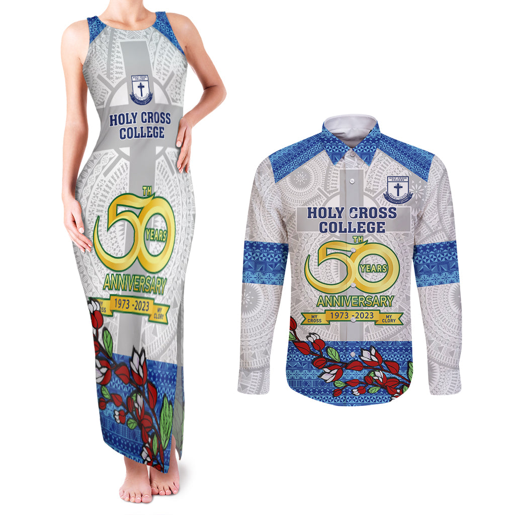 personalised-fiji-holy-cross-college-couples-matching-tank-maxi-dress-and-long-sleeve-button-shirts-happy-50th-anniversary-fijian-tagimoucia-tapa-pattern