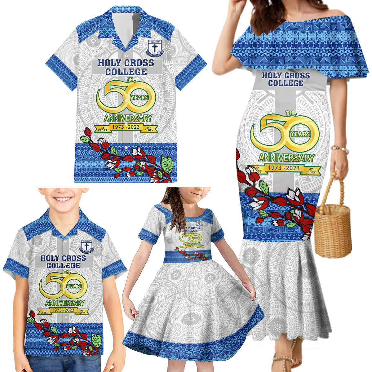 personalised-fiji-holy-cross-college-family-matching-mermaid-dress-and-hawaiian-shirt-happy-50th-anniversary-fijian-tagimoucia-tapa-pattern