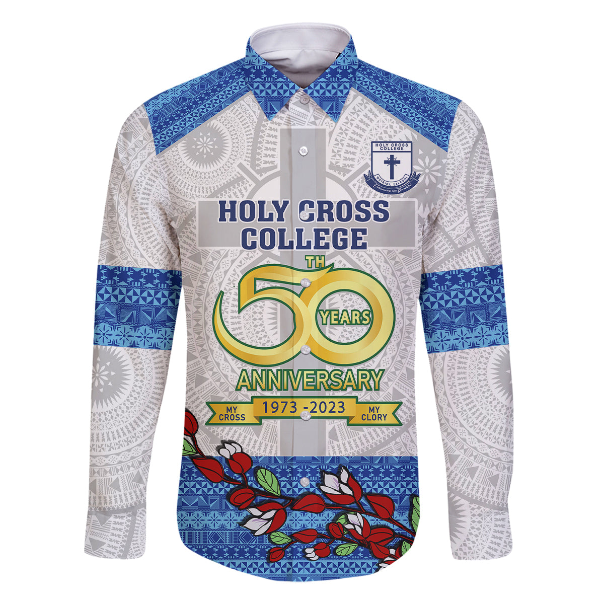 personalised-fiji-holy-cross-college-family-matching-off-shoulder-long-sleeve-dress-and-hawaiian-shirt-happy-50th-anniversary-fijian-tagimoucia-tapa-pattern