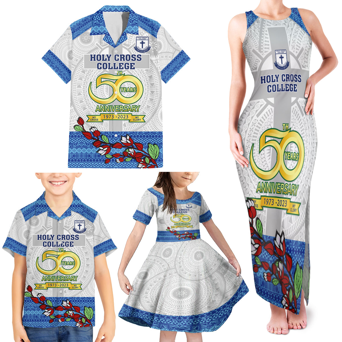 personalised-fiji-holy-cross-college-family-matching-tank-maxi-dress-and-hawaiian-shirt-happy-50th-anniversary-fijian-tagimoucia-tapa-pattern