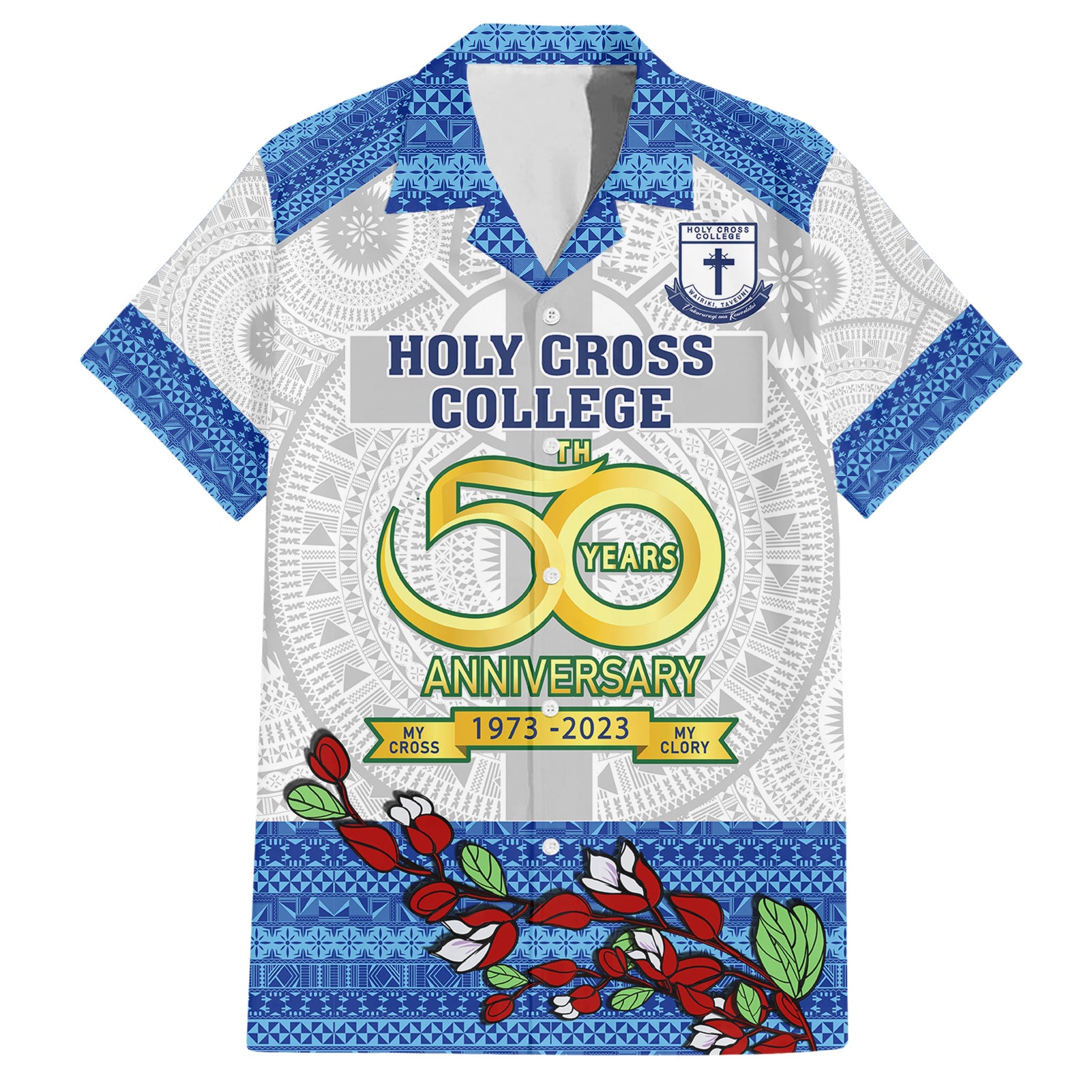 Personalised Fiji Holy Cross College Hawaiian Shirt Happy 50th Anniversary Fijian Tagimoucia Tapa Pattern LT14 White - Polynesian Pride