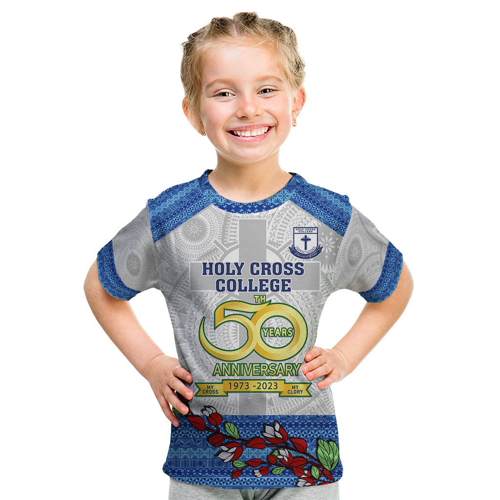 Personalised Fiji Holy Cross College Kid T Shirt Happy 50th Anniversary Fijian Tagimoucia Tapa Pattern LT14 White - Polynesian Pride