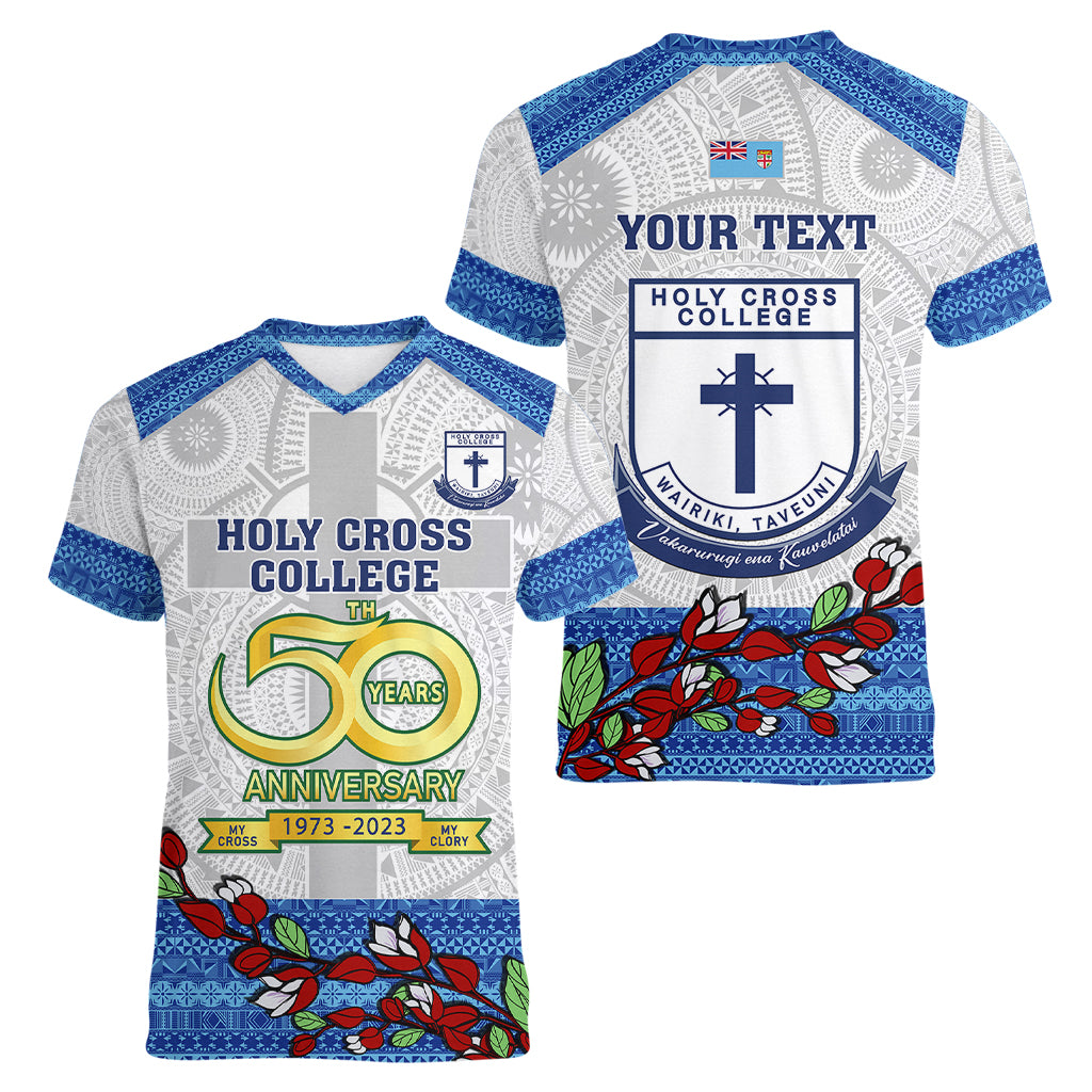 personalised-fiji-holy-cross-college-women-v-neck-t-shirt-happy-50th-anniversary-fijian-tagimoucia-tapa-pattern