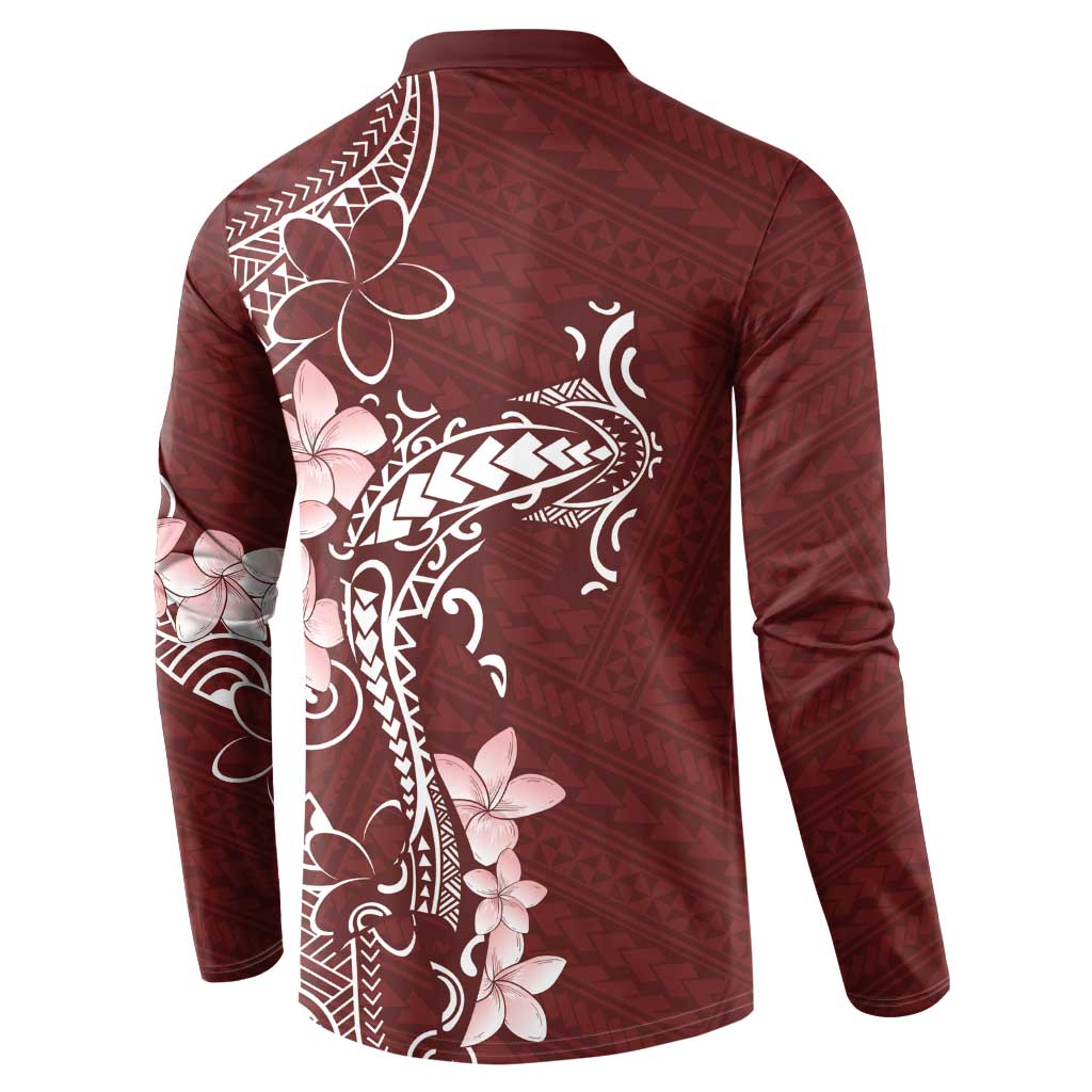 Oxblood Hawaii Button Sweatshirt Hammerhead Shark Tattoo Curve Polynesian - Polynesian Pride