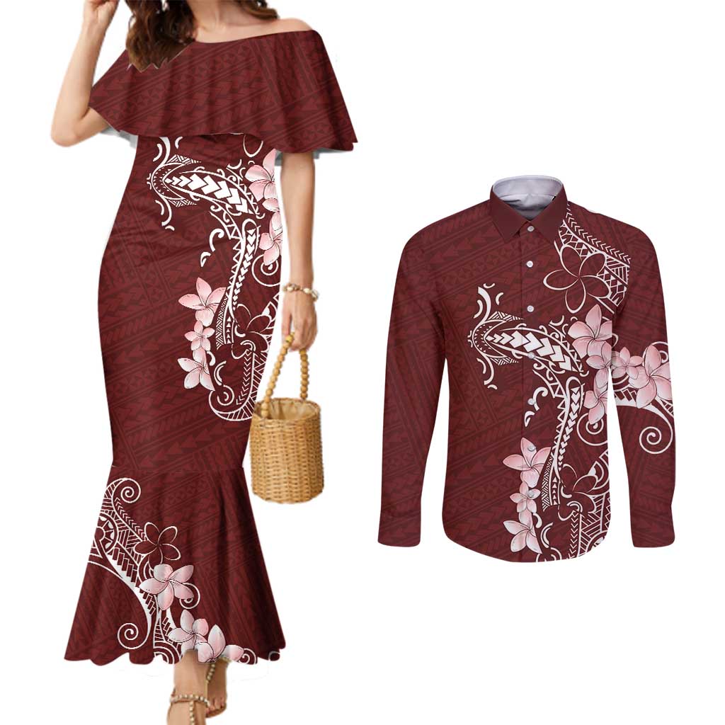 Oxblood Hawaii Couples Matching Mermaid Dress and Long Sleeve Button Shirt Hammerhead Shark Tattoo Curve Polynesian - Polynesian Pride