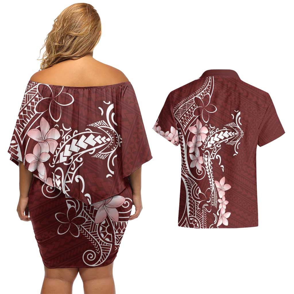 Oxblood Hawaii Couples Matching Off Shoulder Short Dress and Hawaiian Shirt Hammerhead Shark Tattoo Curve Polynesian - Polynesian Pride
