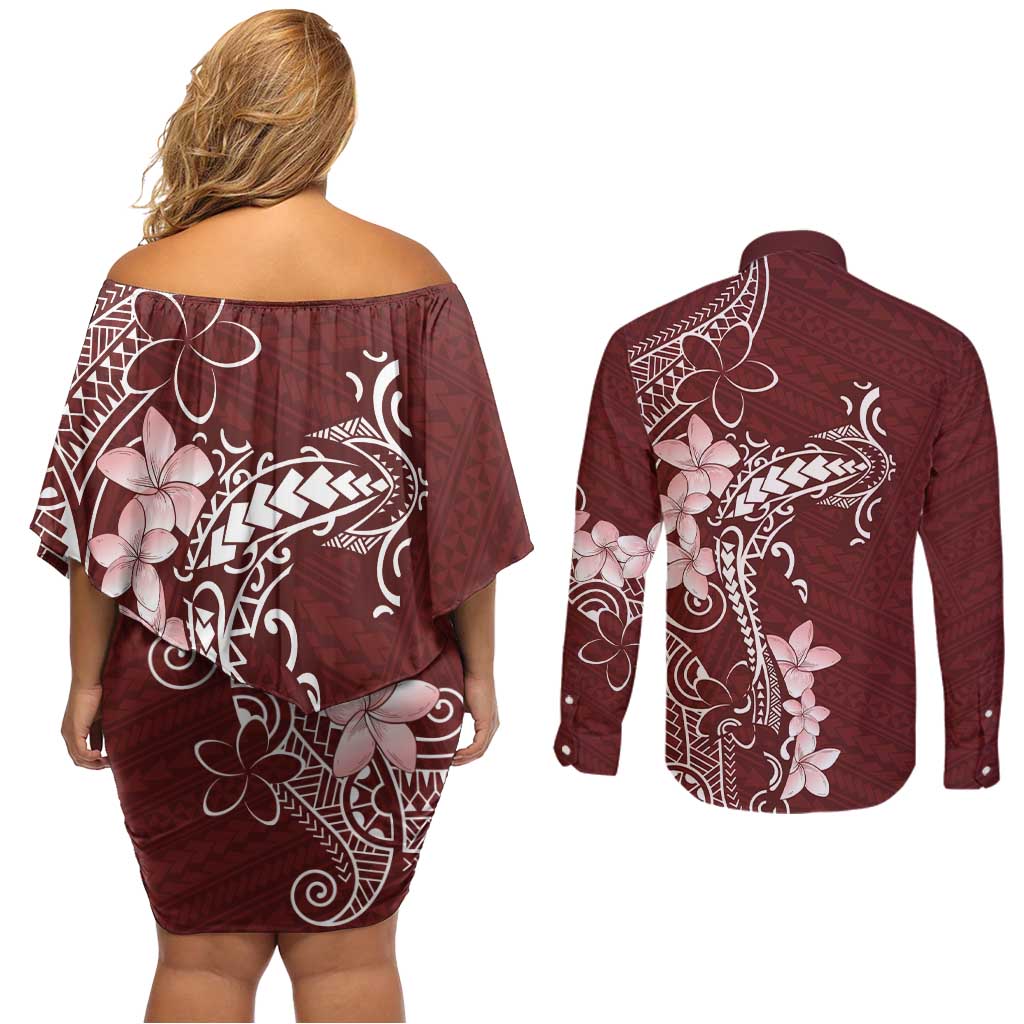 Oxblood Hawaii Couples Matching Off Shoulder Short Dress and Long Sleeve Button Shirt Hammerhead Shark Tattoo Curve Polynesian - Polynesian Pride