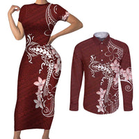 Oxblood Hawaii Couples Matching Short Sleeve Bodycon Dress and Long Sleeve Button Shirt Hammerhead Shark Tattoo Curve Polynesian - Polynesian Pride