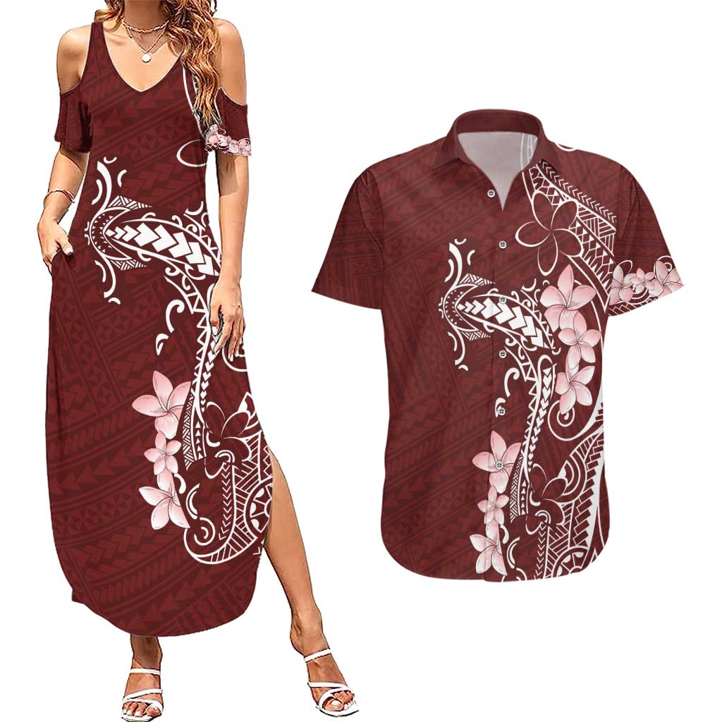 Oxblood Hawaii Couples Matching Summer Maxi Dress and Hawaiian Shirt Hammerhead Shark Tattoo Curve Polynesian - Polynesian Pride