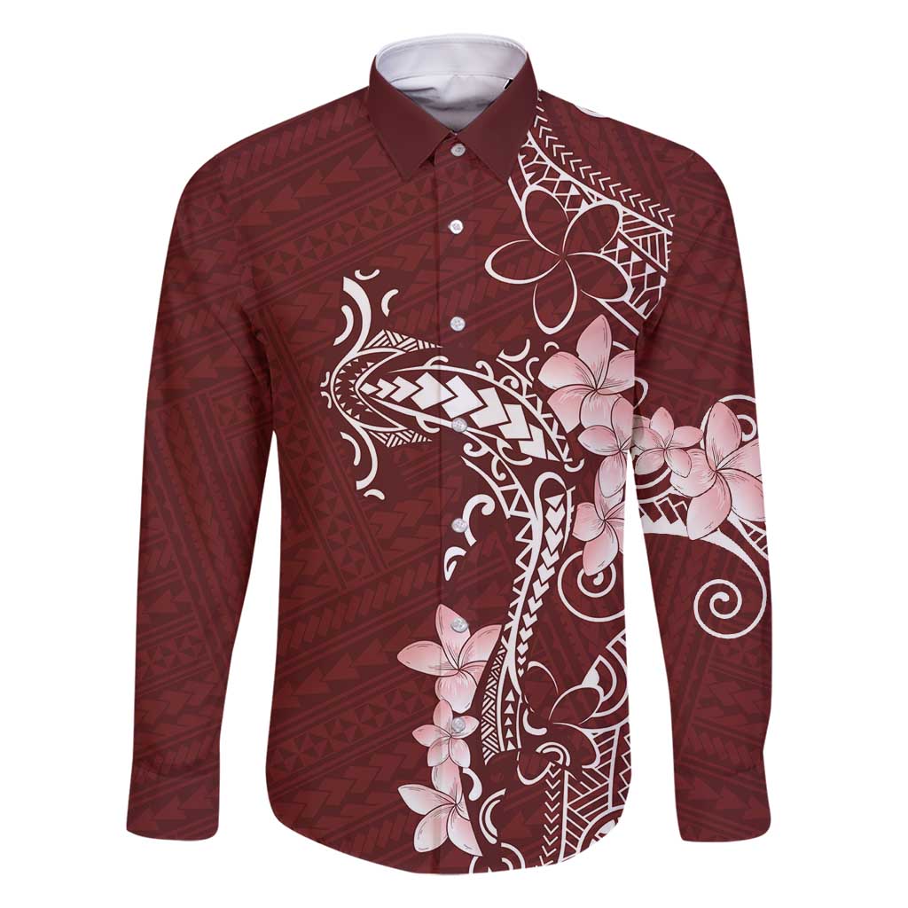 Oxblood Hawaii Family Matching Long Sleeve Bodycon Dress and Hawaiian Shirt Hammerhead Shark Tattoo Curve Polynesian - Polynesian Pride