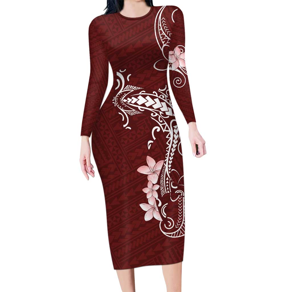 Oxblood Hawaii Family Matching Long Sleeve Bodycon Dress and Hawaiian Shirt Hammerhead Shark Tattoo Curve Polynesian - Polynesian Pride