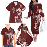 Oxblood Hawaii Family Matching Off The Shoulder Long Sleeve Dress and Hawaiian Shirt Hammerhead Shark Tattoo Curve Polynesian - Polynesian Pride