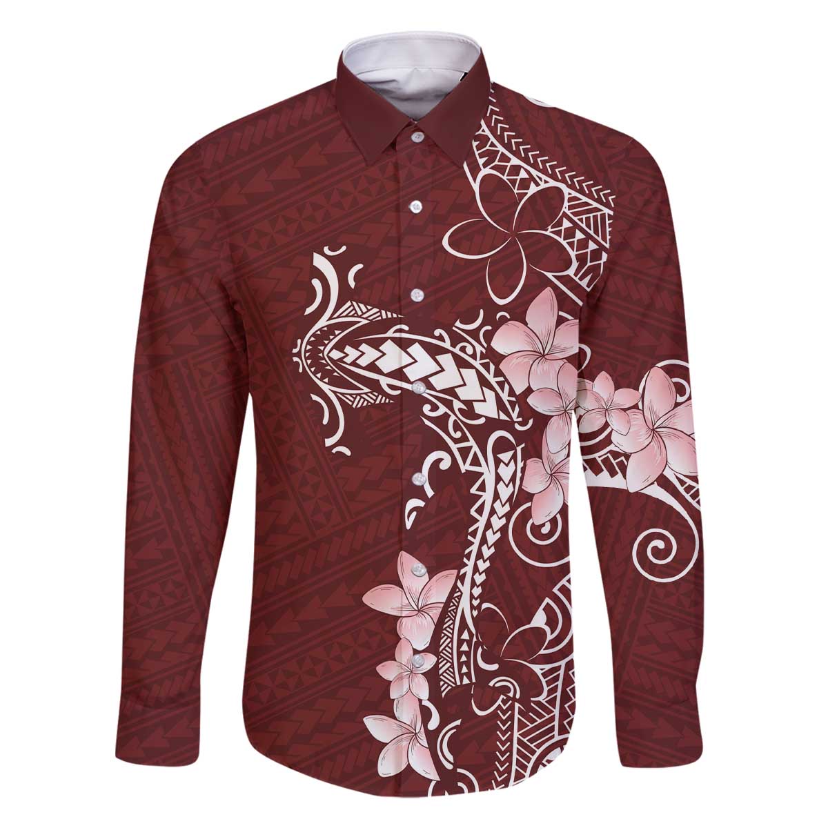 Oxblood Hawaii Family Matching Off The Shoulder Long Sleeve Dress and Hawaiian Shirt Hammerhead Shark Tattoo Curve Polynesian - Polynesian Pride