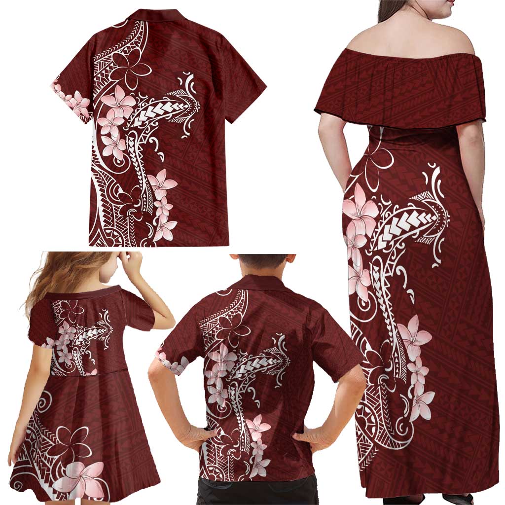 Oxblood Hawaii Family Matching Off Shoulder Maxi Dress and Hawaiian Shirt Hammerhead Shark Tattoo Curve Polynesian - Polynesian Pride