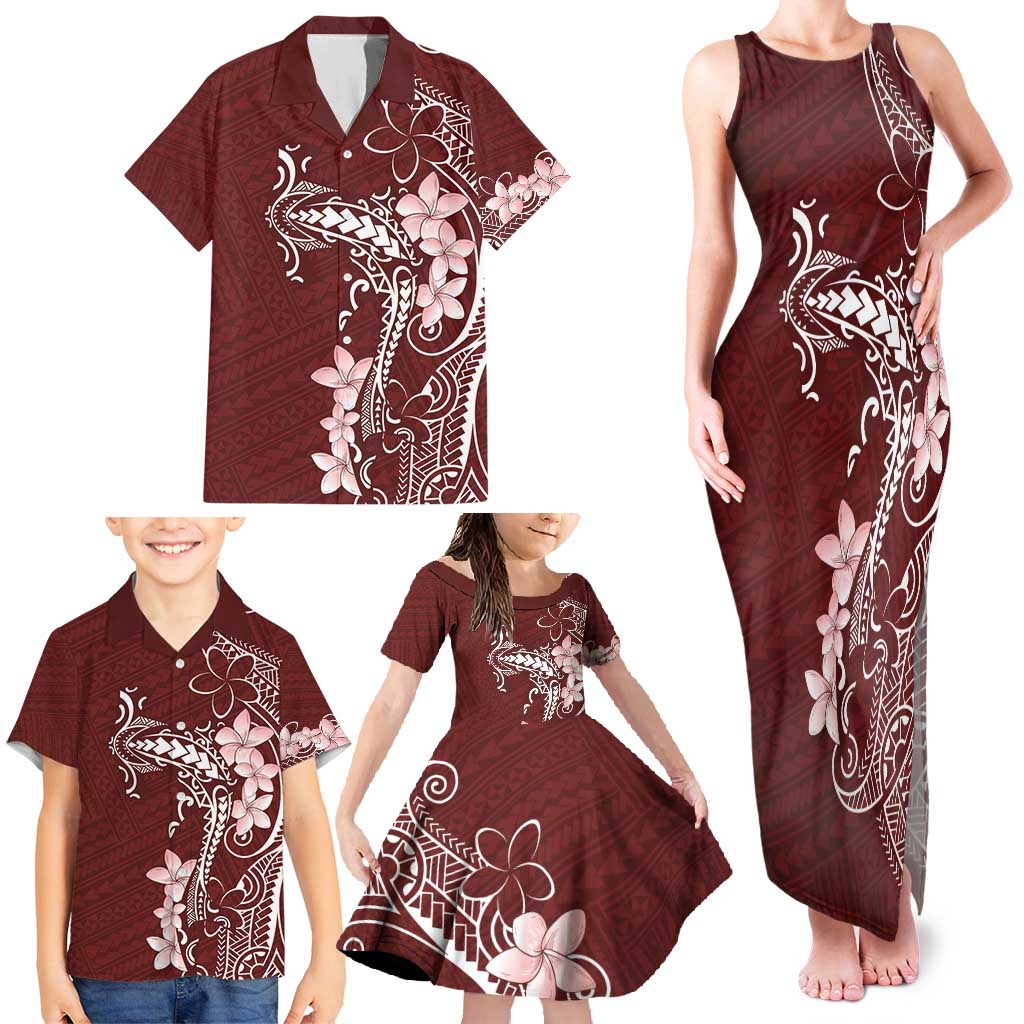 Oxblood Hawaii Family Matching Tank Maxi Dress and Hawaiian Shirt Hammerhead Shark Tattoo Curve Polynesian - Polynesian Pride