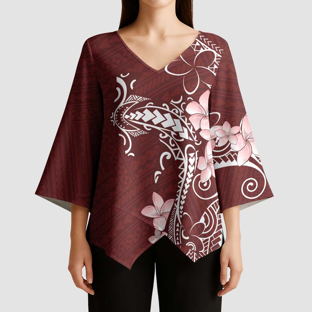 Oxblood Hawaii Kimono Sleeve Blouse Hammerhead Shark Tattoo Curve Polynesian - Polynesian Pride