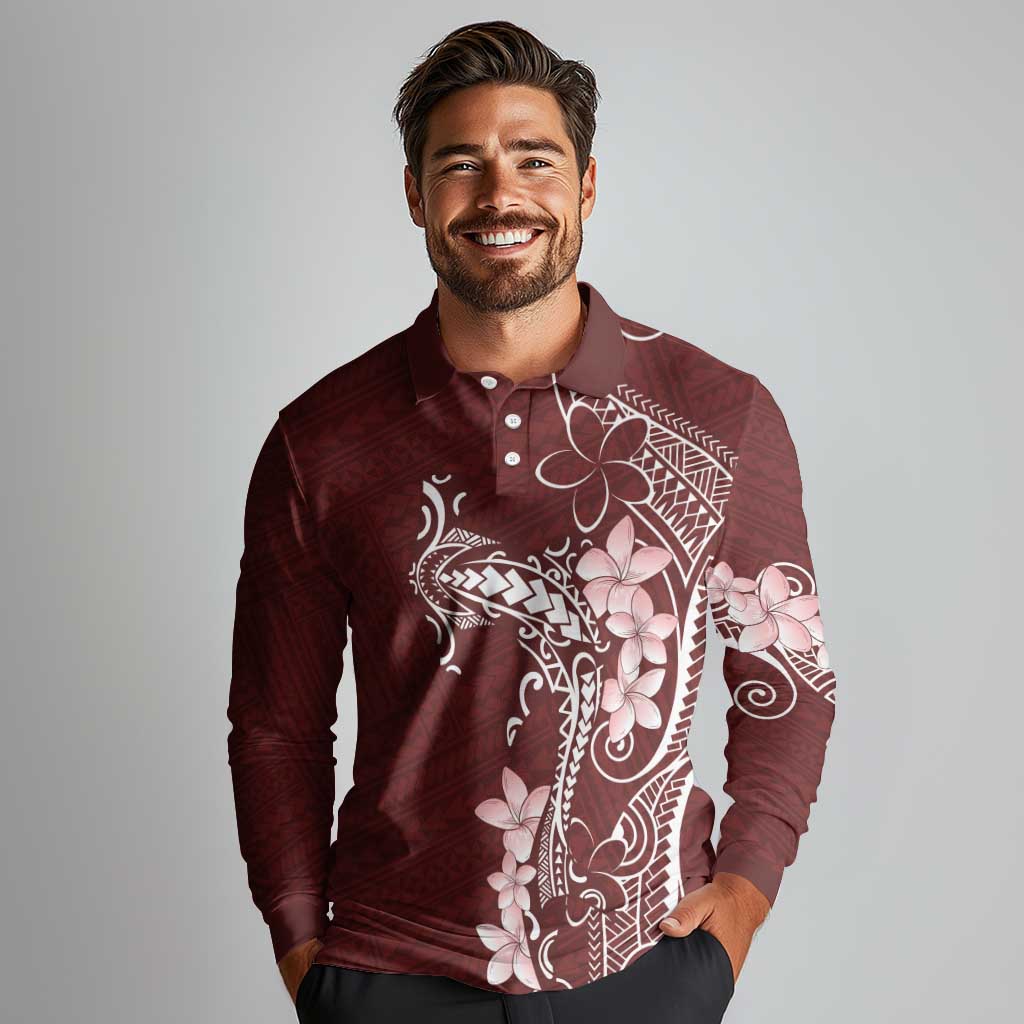 Oxblood Hawaii Long Sleeve Polo Shirt Hammerhead Shark Tattoo Curve Polynesian - Polynesian Pride